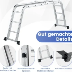 7-in-1 Mehrzweckleiter aus Aluminium Gerüstleiter bis 150 kg belastbar 370,5 cm Silber