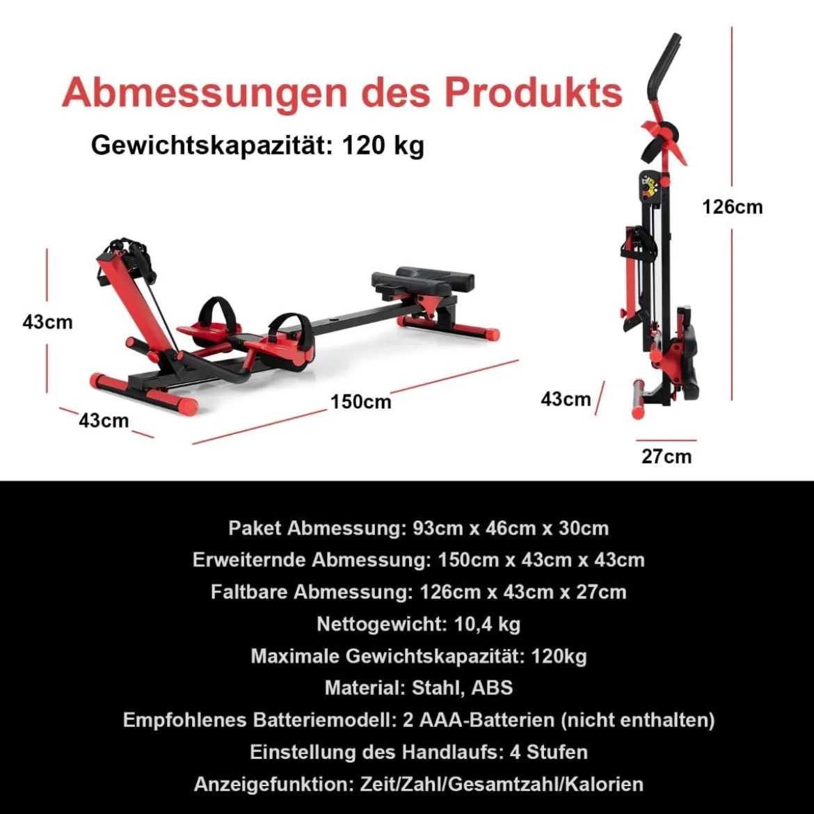 4 in 1 Mehrzweck Rudergerät mit ausziehbarem Handlauf & verstellbarem Sitz und Pedalen bis 120kg belastbar