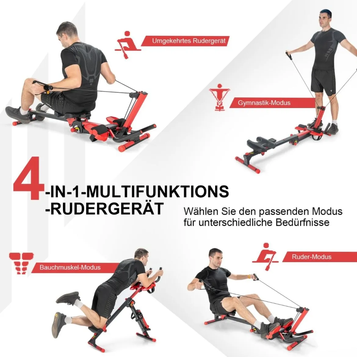 4 in 1 Mehrzweck Rudergerät mit ausziehbarem Handlauf & verstellbarem Sitz und Pedalen bis 120kg belastbar