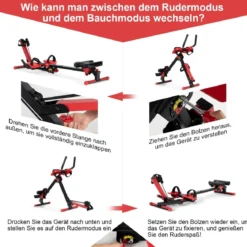 4 in 1 Mehrzweck Rudergerät mit ausziehbarem Handlauf & verstellbarem Sitz und Pedalen bis 120kg belastbar