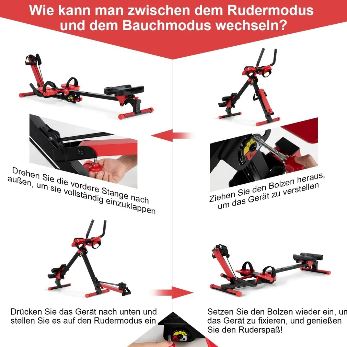 4 in 1 Mehrzweck Rudergerät mit ausziehbarem Handlauf & verstellbarem Sitz und Pedalen bis 120kg belastbar