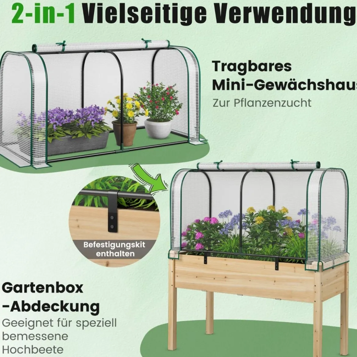 2 in 1 Mini Gewächshaus mit Aufrollbarer Reißverschlusstür PE-Abdeckung für Hochbeet