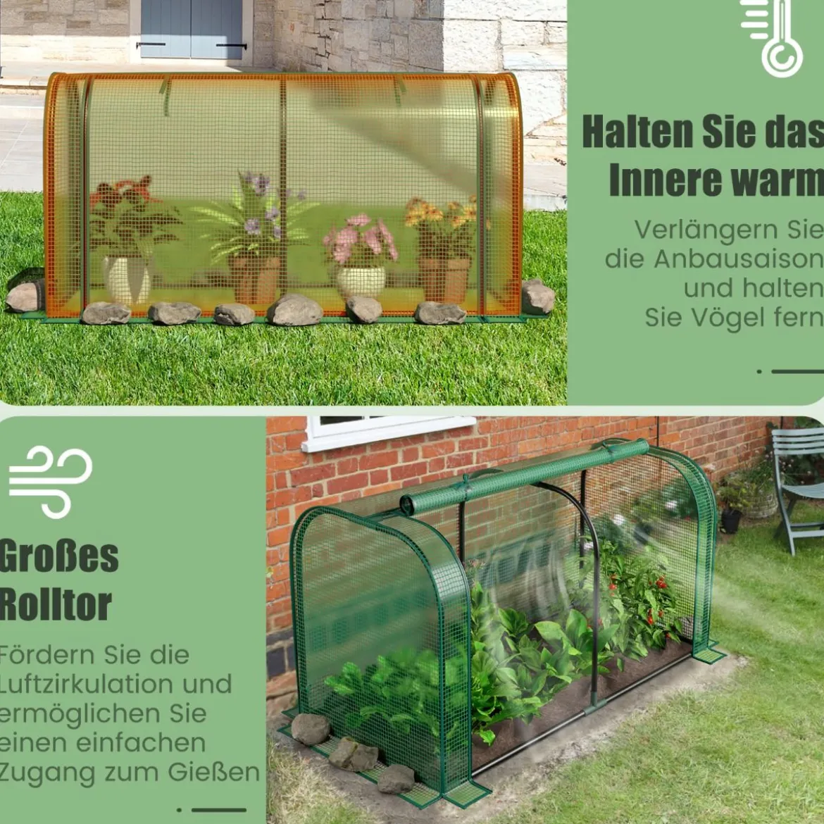 2 in 1 Mini Gewächshaus mit Aufrollbarer Reißverschlusstür PE-Abdeckung für Hochbeet