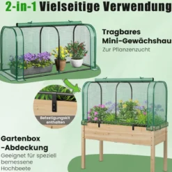 2 in 1 Mini Gewächshaus mit Aufrollbarer Reißverschlusstür PE-Abdeckung für Hochbeet