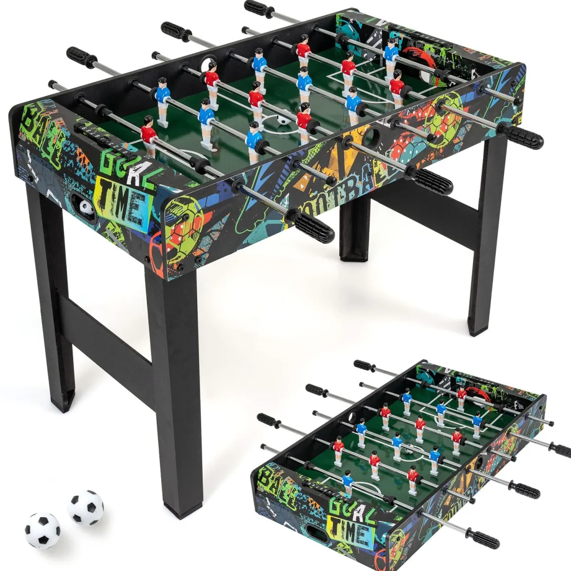 2 in 1 Mini Kickertisch mit abnehmbaren Beinen für Tischplatte Fußballtisch mit 2 Bällen Schwarz