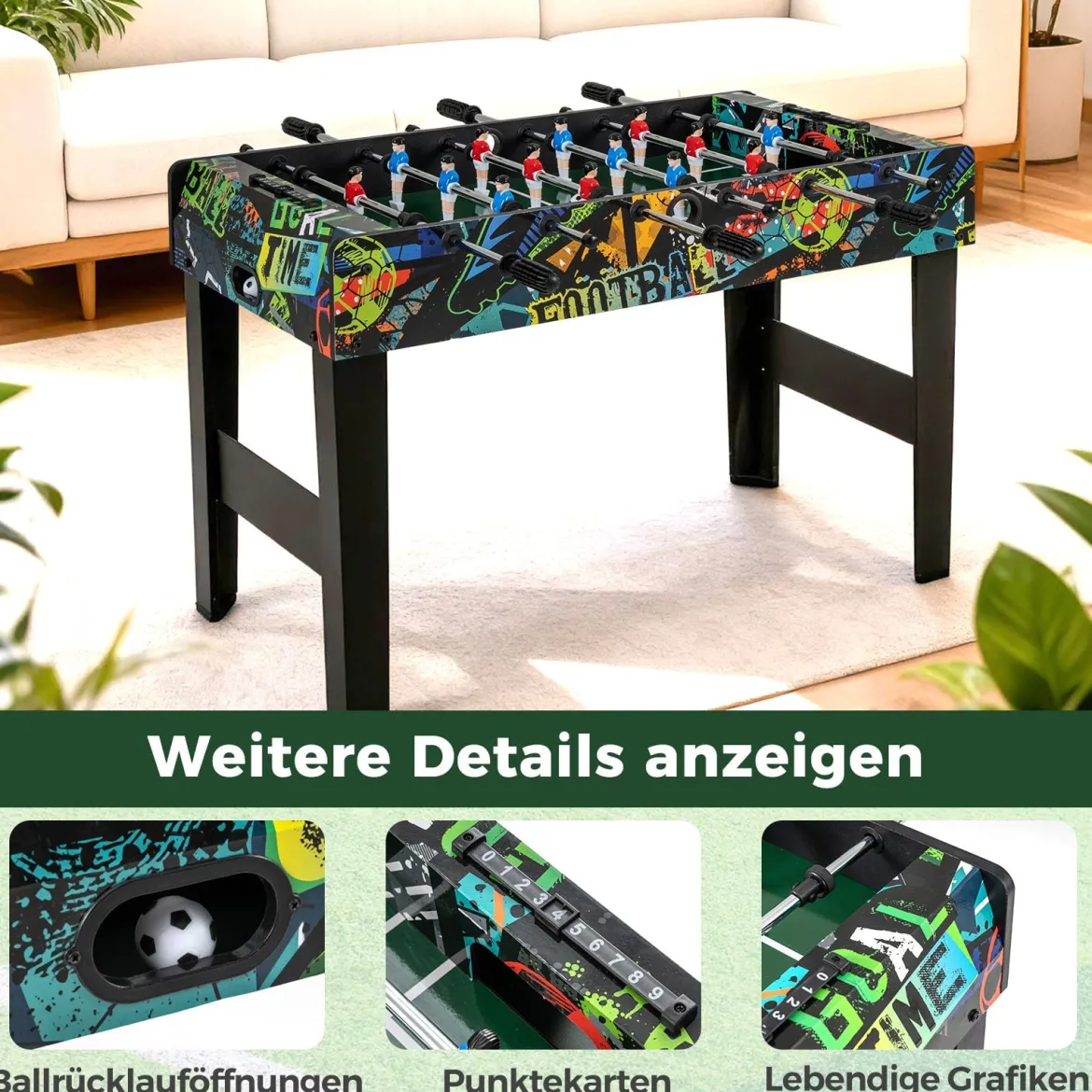 2 in 1 Mini Kickertisch mit abnehmbaren Beinen für Tischplatte Fußballtisch mit 2 Bällen Schwarz