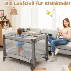 5 in 1 Mobile Babybett Wickeltisch & Wiege mit Spielzeug & Matratze & Tragetasche Grau
