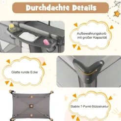 5 in 1 Mobile Babybett Wickeltisch & Wiege mit Spielzeug & Matratze & Tragetasche Grau