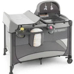 5 in 1 Mobile Babybett Wickeltisch & Wiege mit Spielzeug & Matratze & Tragetasche Grau