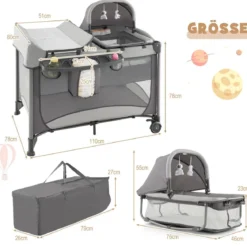 5 in 1 Mobile Babybett Wickeltisch & Wiege mit Spielzeug & Matratze & Tragetasche Grau