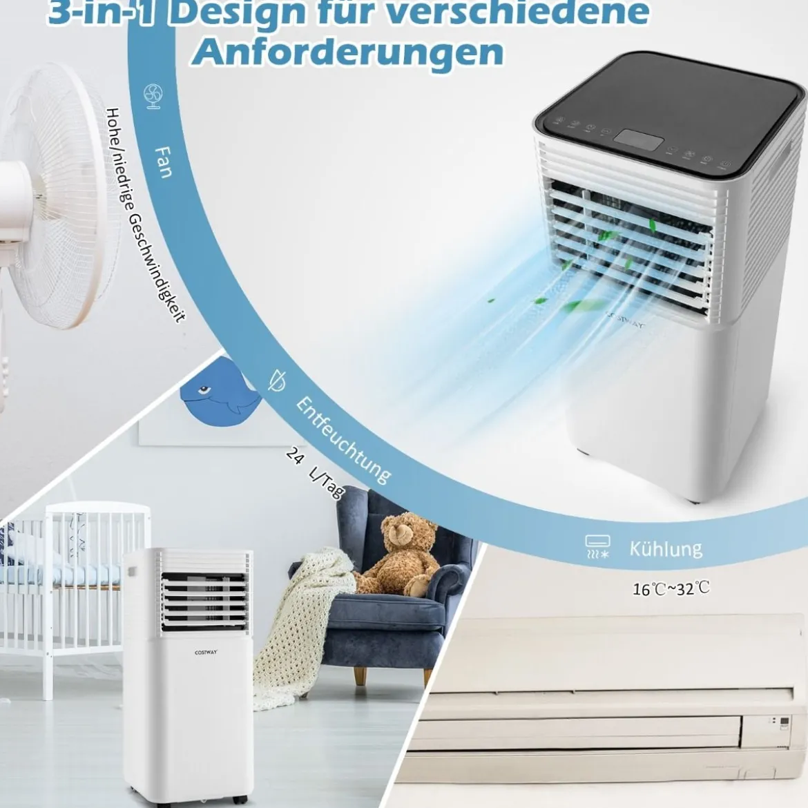 4 in 1 mobile Klimaanlage 9000 BTU Kühlen&Ventilieren&Entfeuchten Klimagerät mit Schwarzem Deckel 16℃-32℃