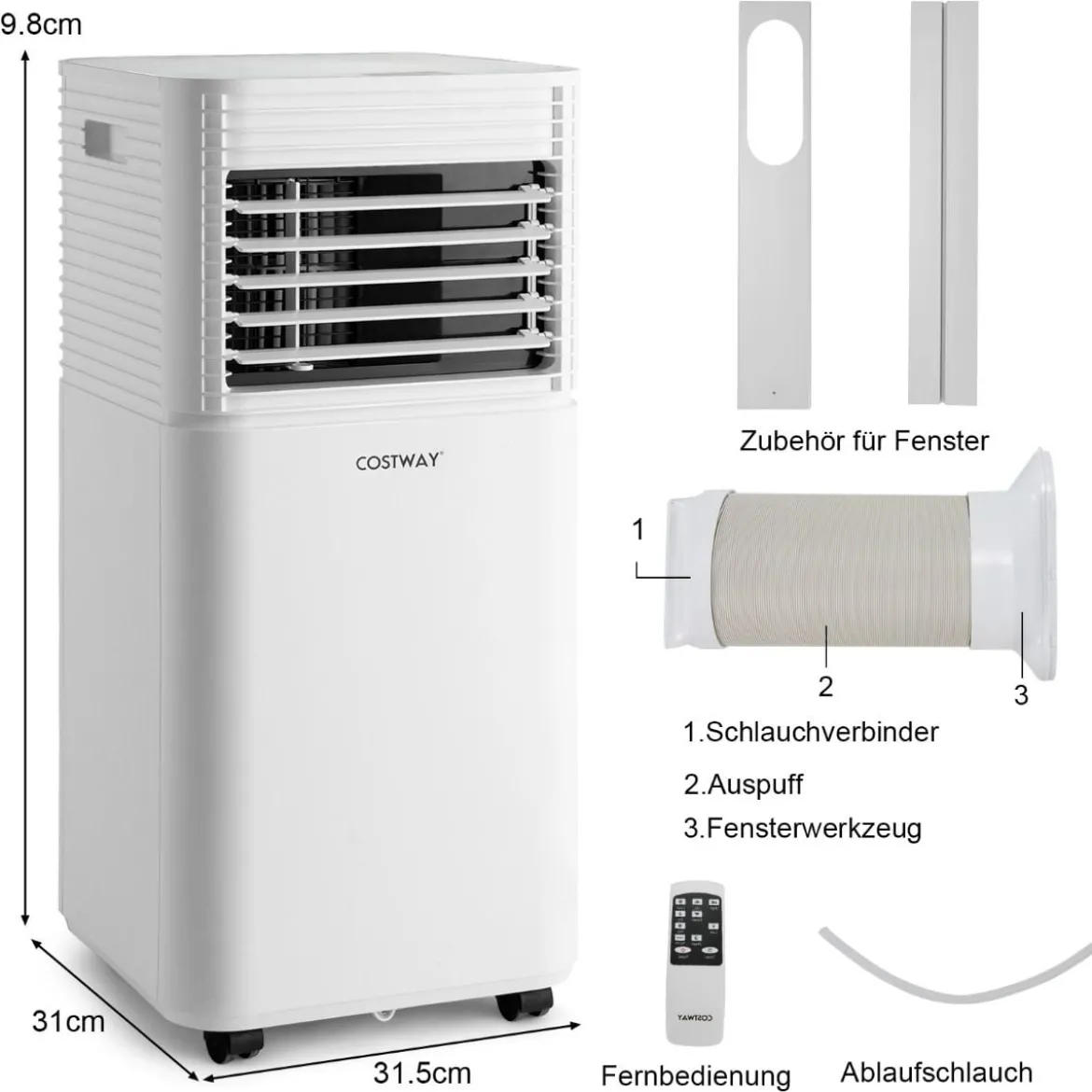 4 in 1 mobile Klimaanlage 9000 BTU Kühlen&Ventilieren&Entfeuchten Klimagerät mit Weißem Deckel 16℃-32℃