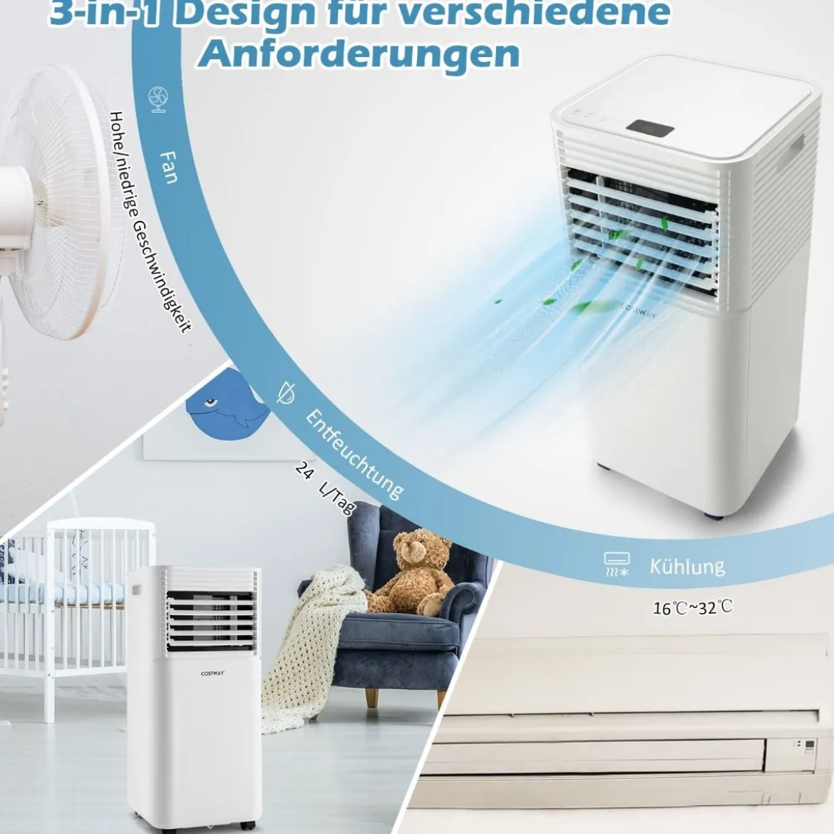 4 in 1 mobile Klimaanlage 9000 BTU Kühlen&Ventilieren&Entfeuchten Klimagerät mit Weißem Deckel 16℃-32℃