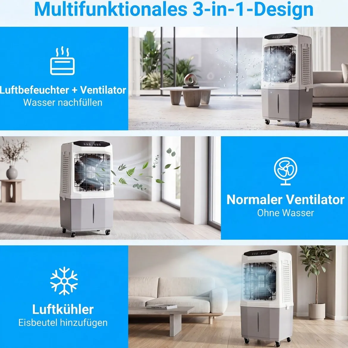 3 in 1 Mobiler Luftkühler & Kühlventilator mit Fernbedienung 26L Wassertank 12H Timer 2 Modi
