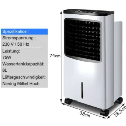 3 in 1 Mobiler Ventilator Luftkühler 75W / 8L Tank / 7,5H Timer / Fernbedienung