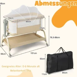 4 in 1 Mobiles Babybett mit Moskitonetz & Matratze & 6 Verstellbaren Höhen Beige