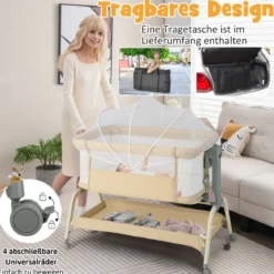 4 in 1 Mobiles Babybett mit Moskitonetz & Matratze & 6 Verstellbaren Höhen Beige