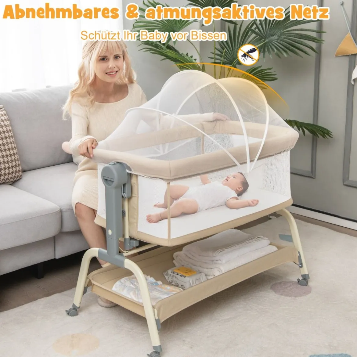 4 in 1 Mobiles Babybett mit Moskitonetz & Matratze & 6 Verstellbaren Höhen Beige