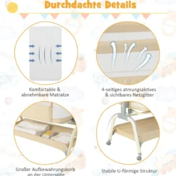 4 in 1 Mobiles Babybett mit Moskitonetz & Matratze & 6 Verstellbaren Höhen Beige