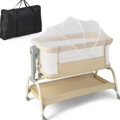 4 in 1 Mobiles Babybett mit Moskitonetz & Matratze & 6 Verstellbaren Höhen Beige