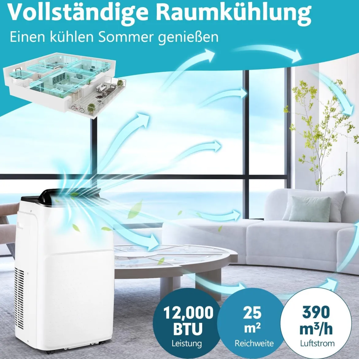 4 in 1 Mobiles Klimagerät mit Heizfunktion Tragbare Klimaanlage mit Fernbedienung 24H-Timer WIFI 12000BTU