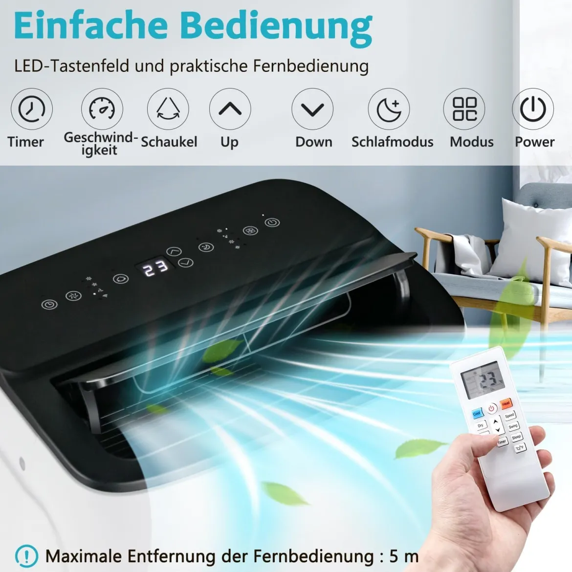 4 in 1 Mobiles Klimagerät mit Heizfunktion Tragbare Klimaanlage mit Fernbedienung 24H-Timer WIFI 12000BTU