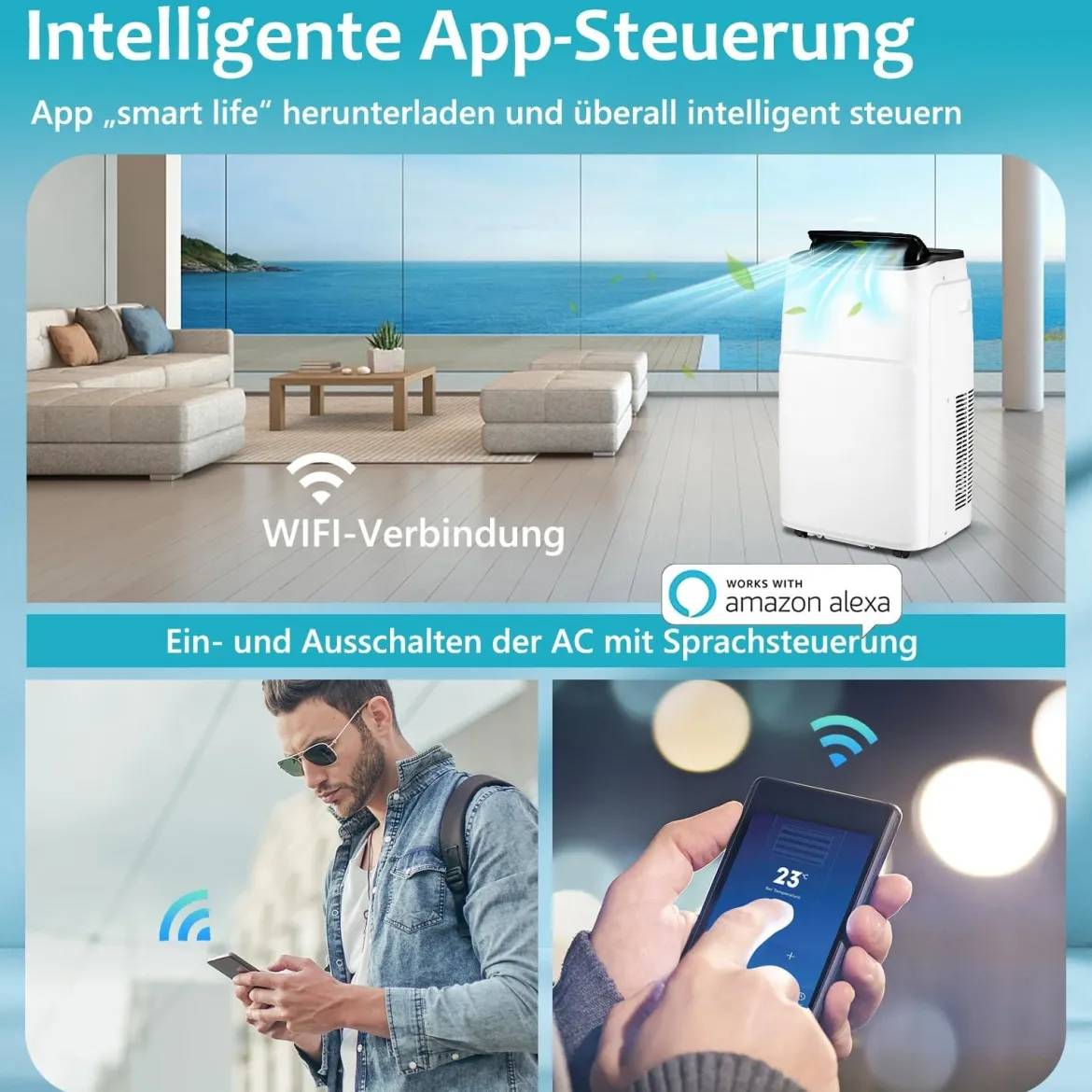 4 in 1 Mobiles Klimagerät mit Heizfunktion Tragbare Klimaanlage mit Fernbedienung 24H-Timer WIFI 12000BTU