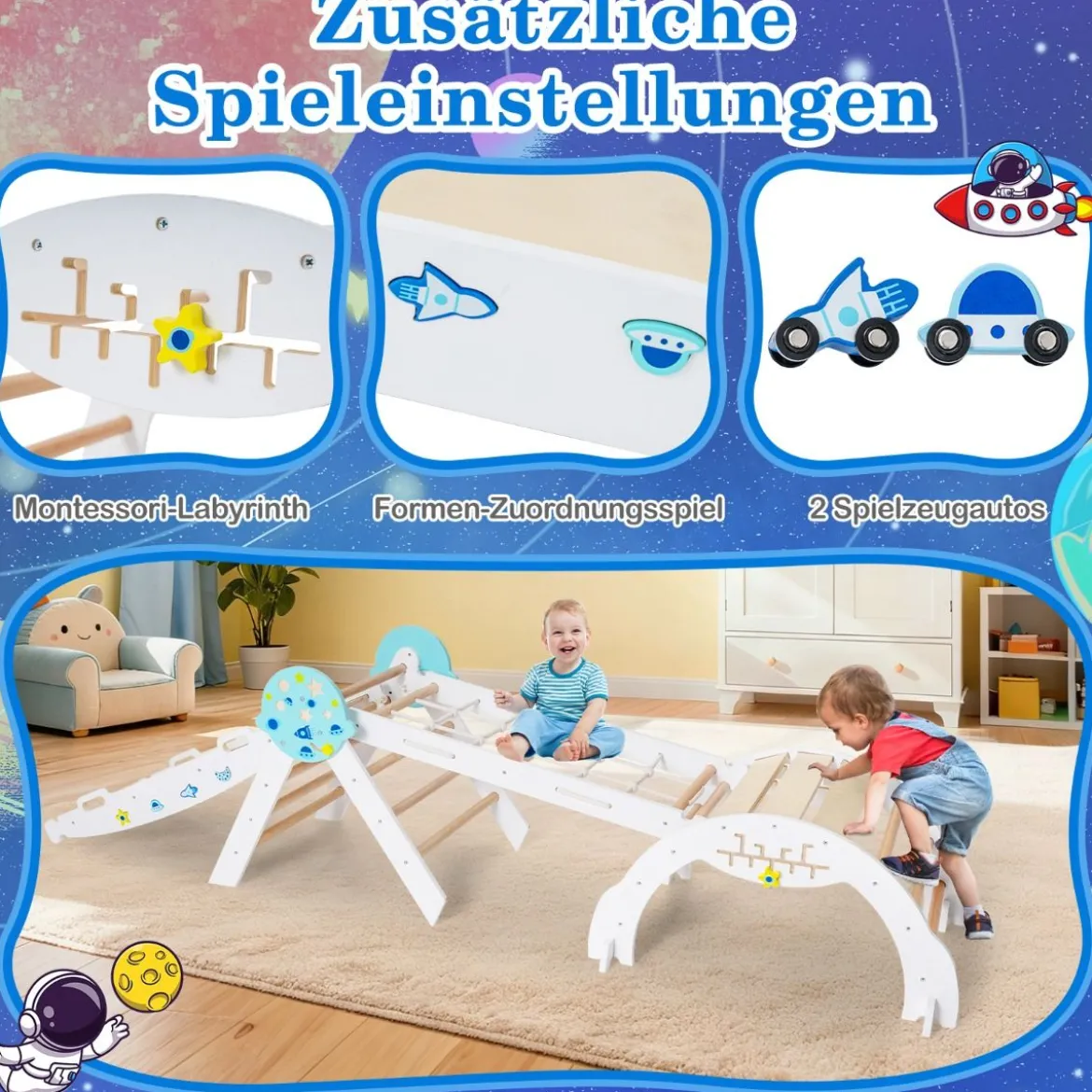 9 in 1 Montessori Klettergerüst Set mit Kletterbogen & Kletterseil & Leiter Holz Kletterdreieck Weiß