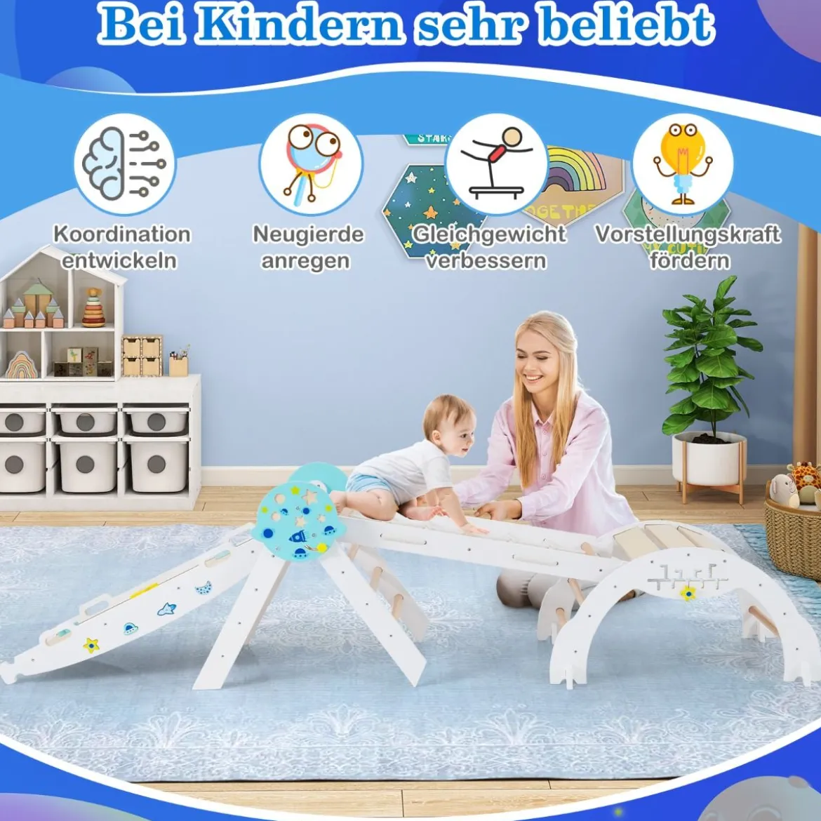 9 in 1 Montessori Klettergerüst Set mit Kletterbogen & Kletterseil & Leiter Holz Kletterdreieck Weiß
