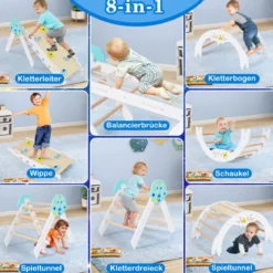 9 in 1 Montessori Klettergerüst Set mit Kletterbogen & Kletterseil & Leiter Holz Kletterdreieck Weiß