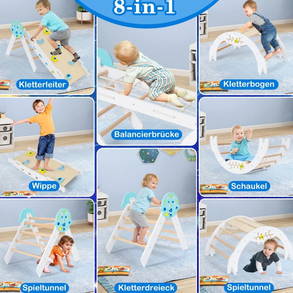 9 in 1 Montessori Klettergerüst Set mit Kletterbogen & Kletterseil & Leiter Holz Kletterdreieck Weiß