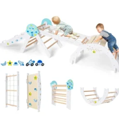 9 in 1 Montessori Klettergerüst Set mit Kletterbogen & Kletterseil & Leiter Holz Kletterdreieck Weiß