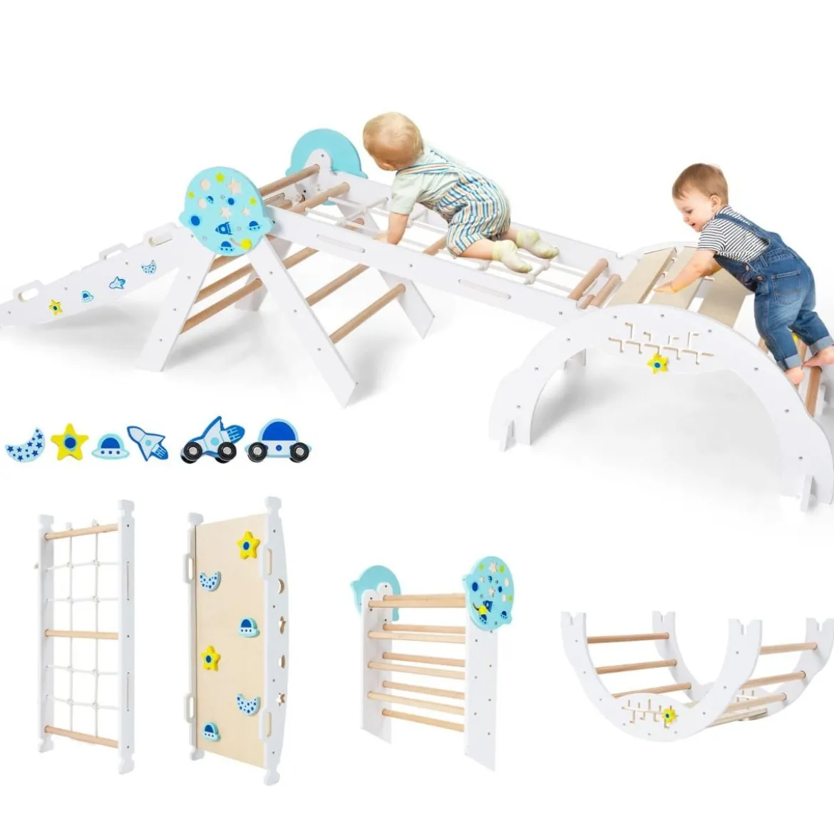 9 in 1 Montessori Klettergerüst Set mit Kletterbogen & Kletterseil & Leiter Holz Kletterdreieck Weiß