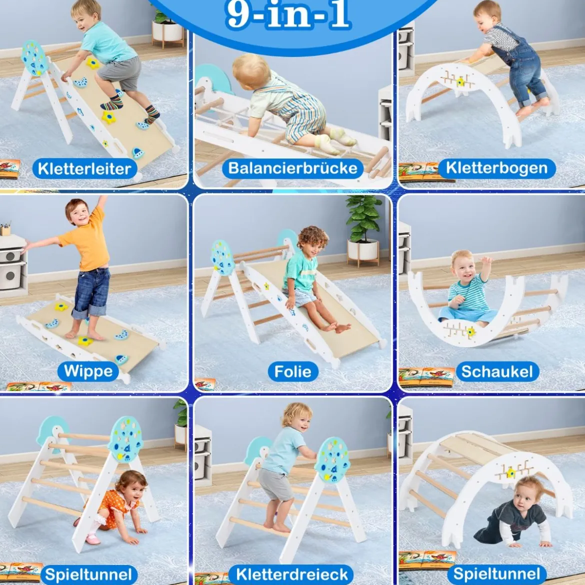 9 in 1 Montessori Klettergerüst Set mit Kletterbogen & Kletterseil & Leiter Holz Kletterdreieck Weiß