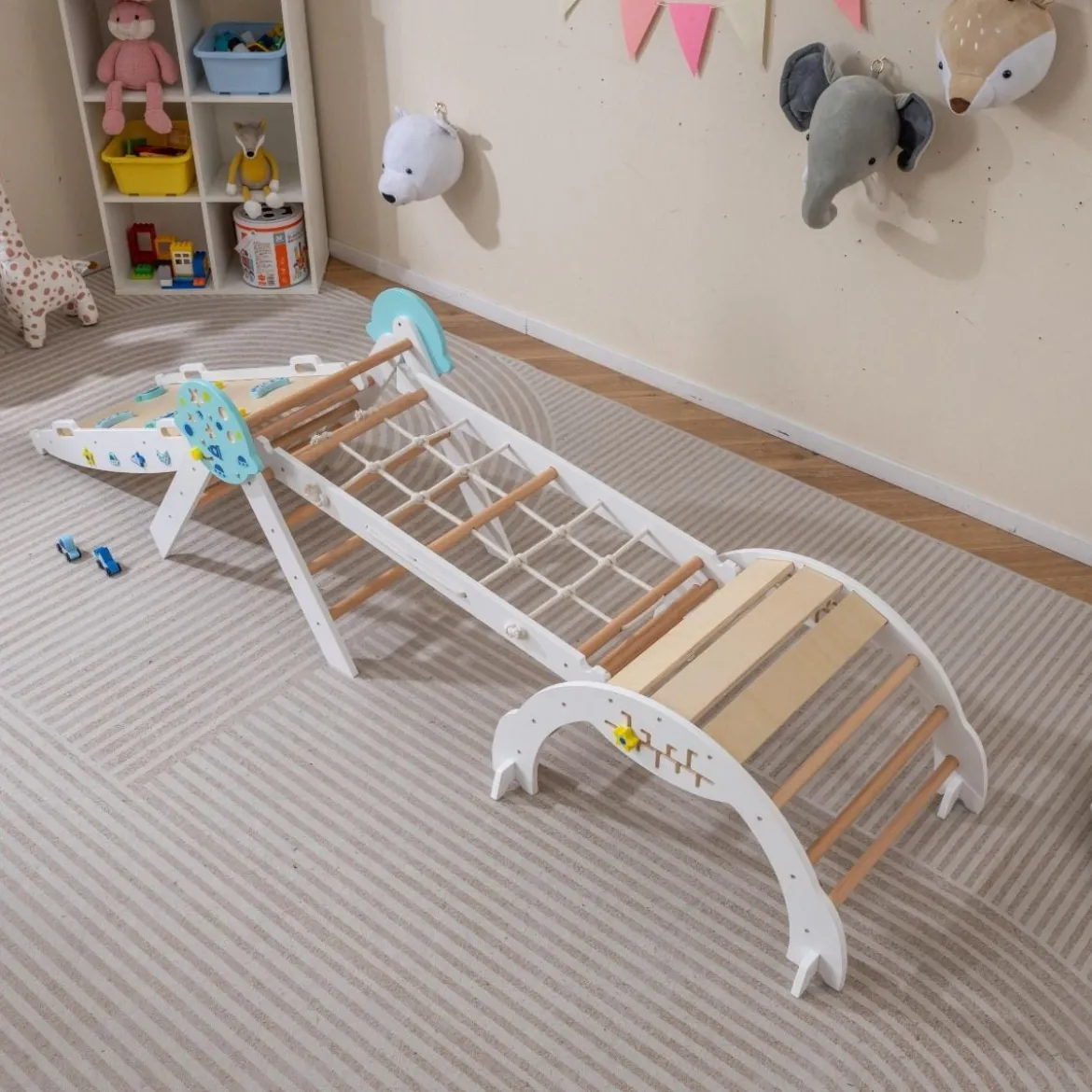 9 in 1 Montessori Klettergerüst Set mit Kletterbogen & Kletterseil & Leiter Holz Kletterdreieck Weiß