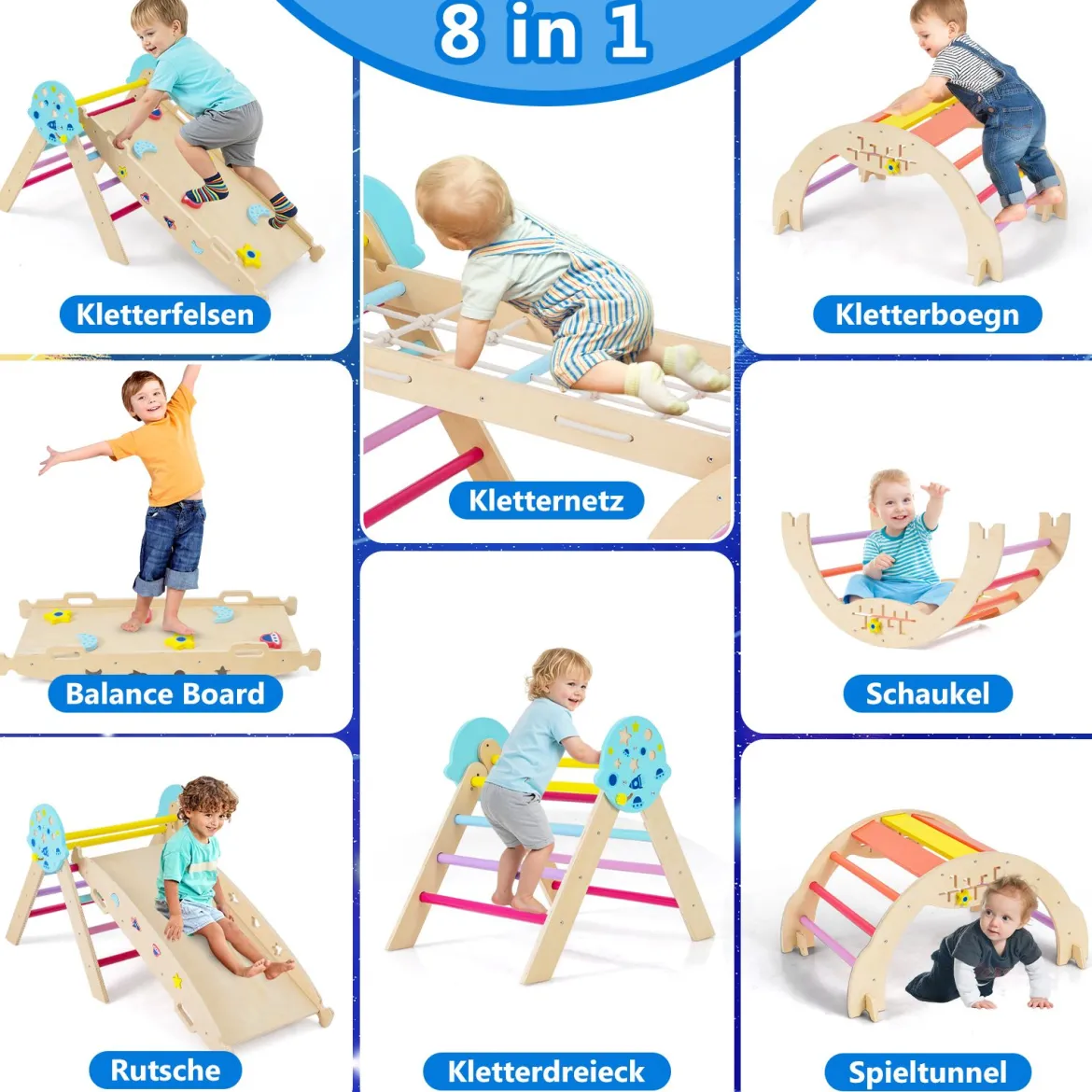 9 in 1 Montessori Klettergerüst Set mit Kletterbogen & Kletterseil & Leiter Holz Kletterdreieck Bunt