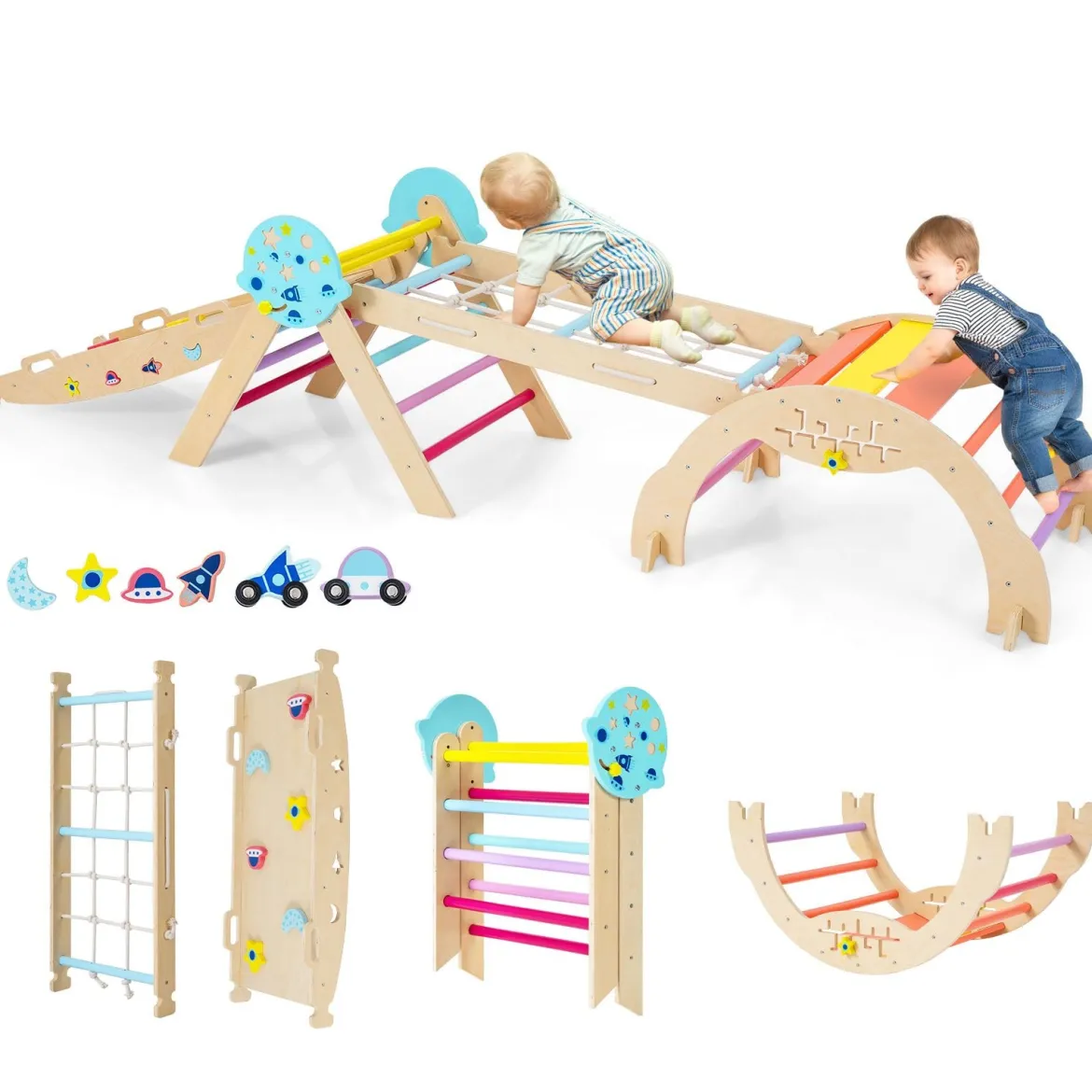 9 in 1 Montessori Klettergerüst Set mit Kletterbogen & Kletterseil & Leiter Holz Kletterdreieck Bunt
