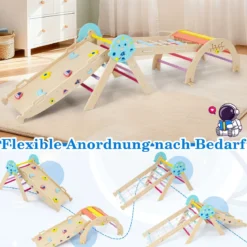 9 in 1 Montessori Klettergerüst Set mit Kletterbogen & Kletterseil & Leiter Holz Kletterdreieck Bunt