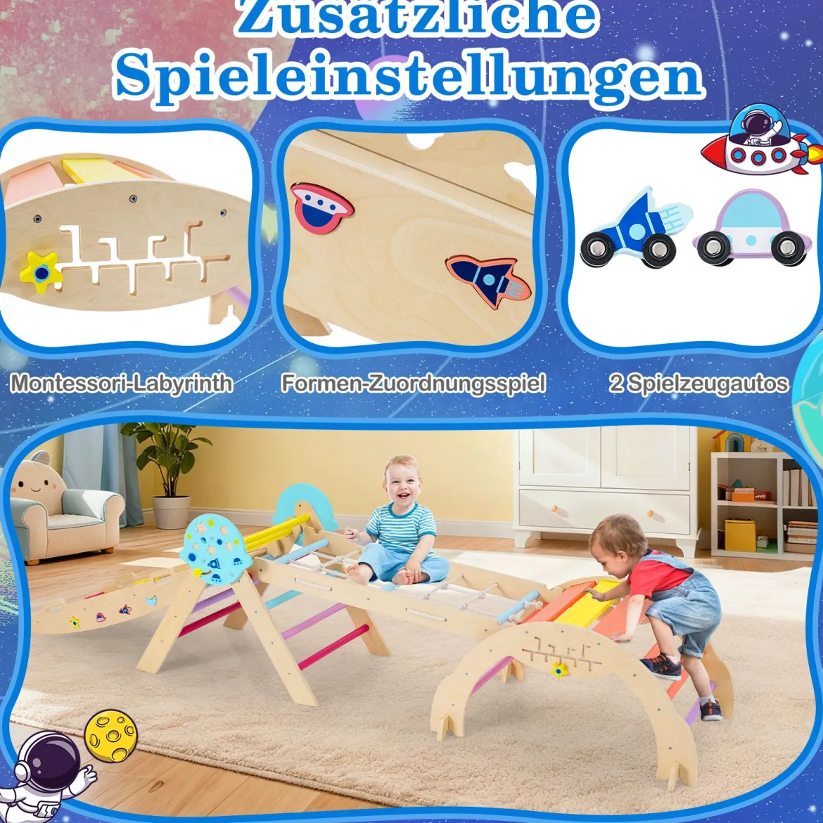 9 in 1 Montessori Klettergerüst Set mit Kletterbogen & Kletterseil & Leiter Holz Kletterdreieck Bunt