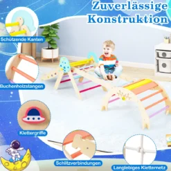 9 in 1 Montessori Klettergerüst Set mit Kletterbogen & Kletterseil & Leiter Holz Kletterdreieck Bunt