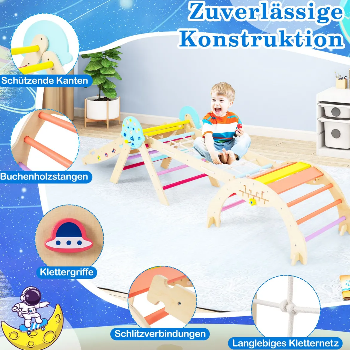 9 in 1 Montessori Klettergerüst Set mit Kletterbogen & Kletterseil & Leiter Holz Kletterdreieck Bunt