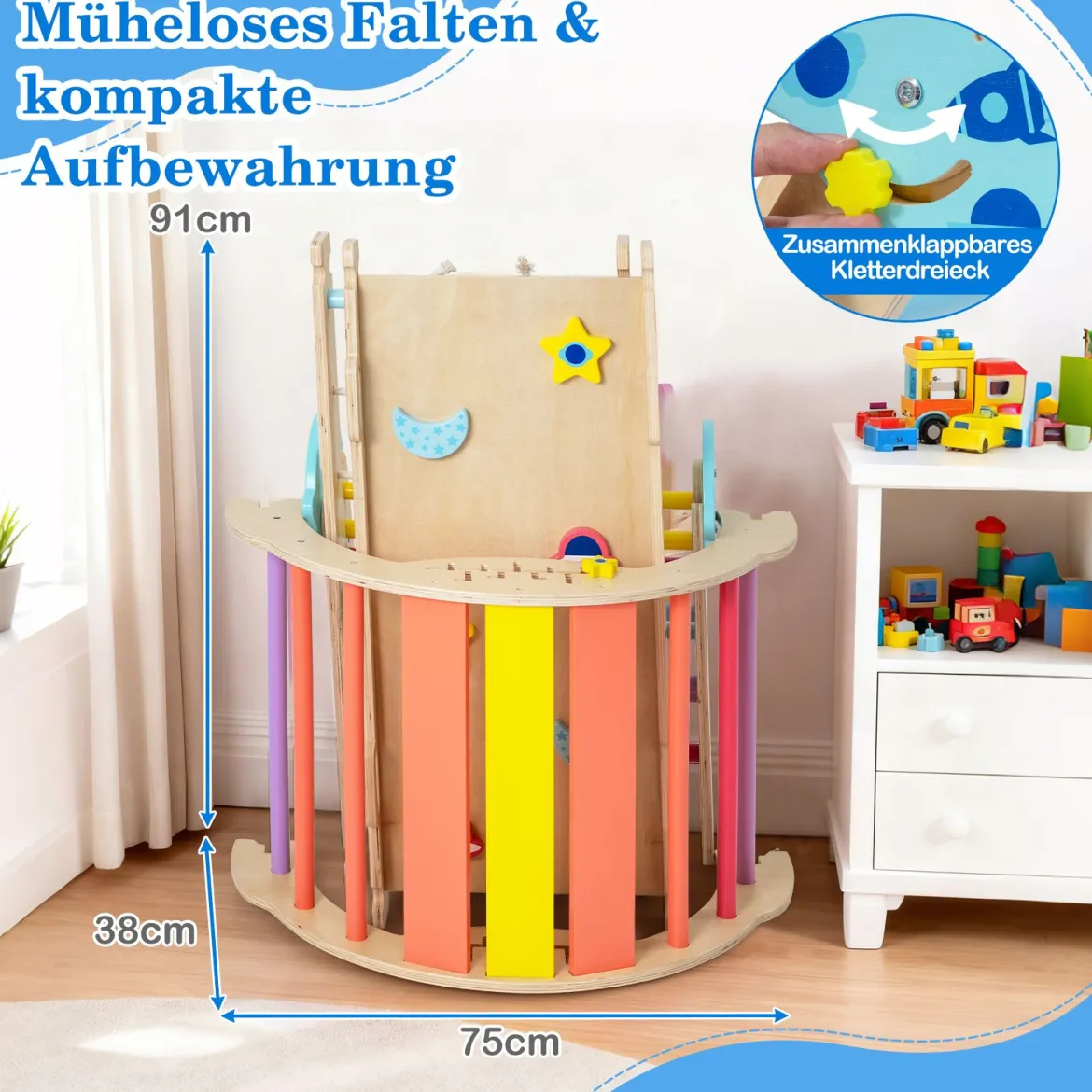 9 in 1 Montessori Klettergerüst Set mit Kletterbogen & Kletterseil & Leiter Holz Kletterdreieck Bunt