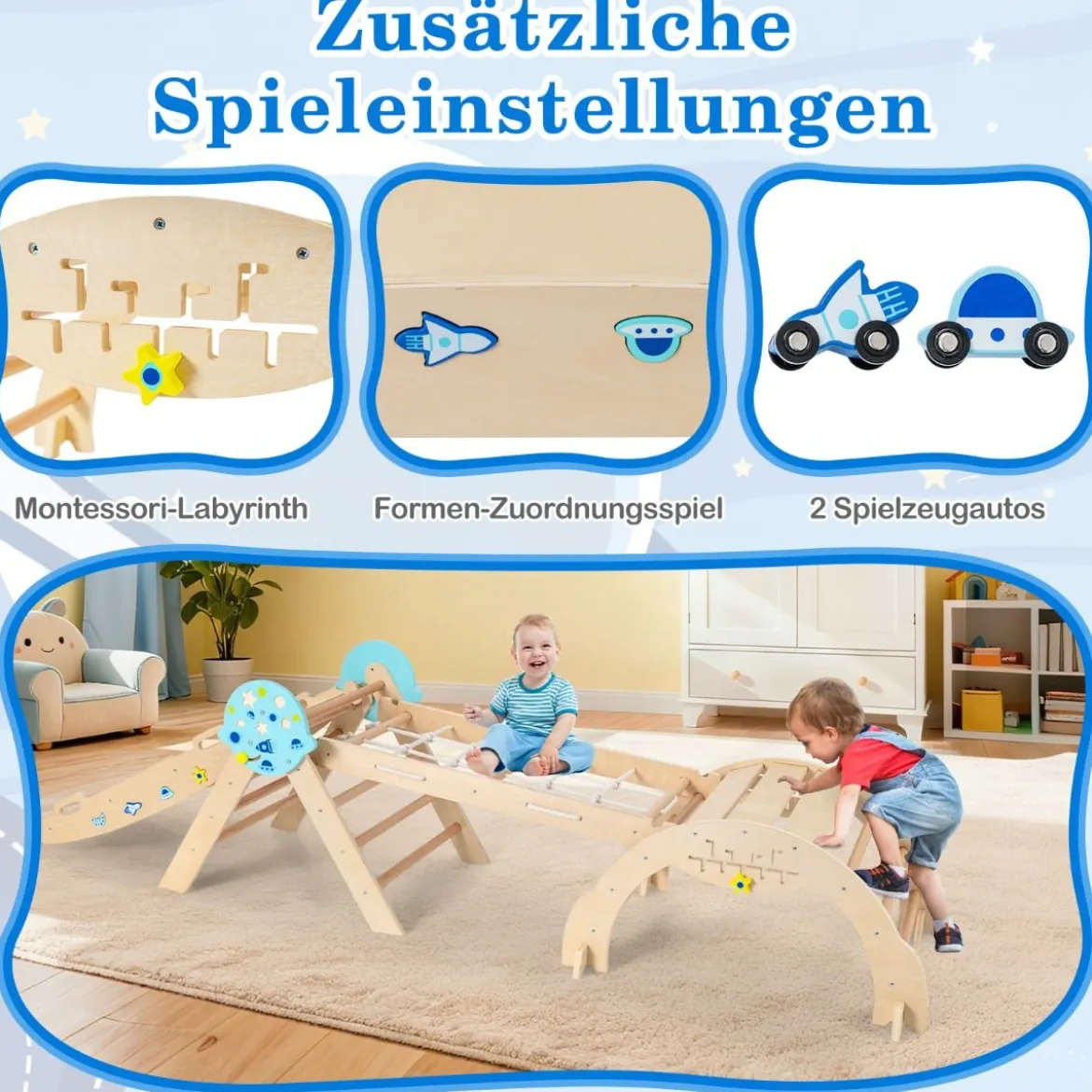 9 in 1 Montessori Klettergerüst Set mit Kletterbogen & Kletterseil & Leiter Holz Kletterdreieck Natur