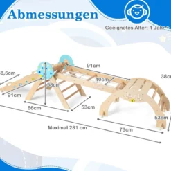 9 in 1 Montessori Klettergerüst Set mit Kletterbogen & Kletterseil & Leiter Holz Kletterdreieck Natur