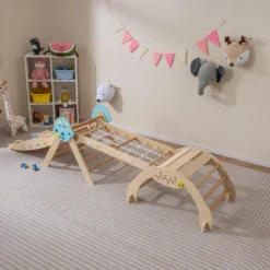 9 in 1 Montessori Klettergerüst Set mit Kletterbogen & Kletterseil & Leiter Holz Kletterdreieck Natur