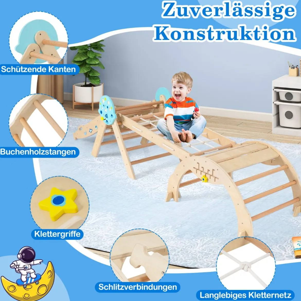 9 in 1 Montessori Klettergerüst Set mit Kletterbogen & Kletterseil & Leiter Holz Kletterdreieck Natur