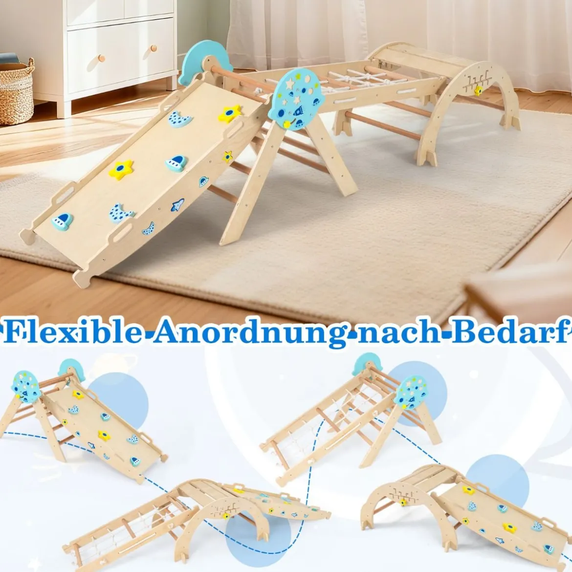 9 in 1 Montessori Klettergerüst Set mit Kletterbogen & Kletterseil & Leiter Holz Kletterdreieck Natur
