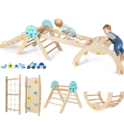 9 in 1 Montessori Klettergerüst Set mit Kletterbogen & Kletterseil & Leiter Holz Kletterdreieck Natur
