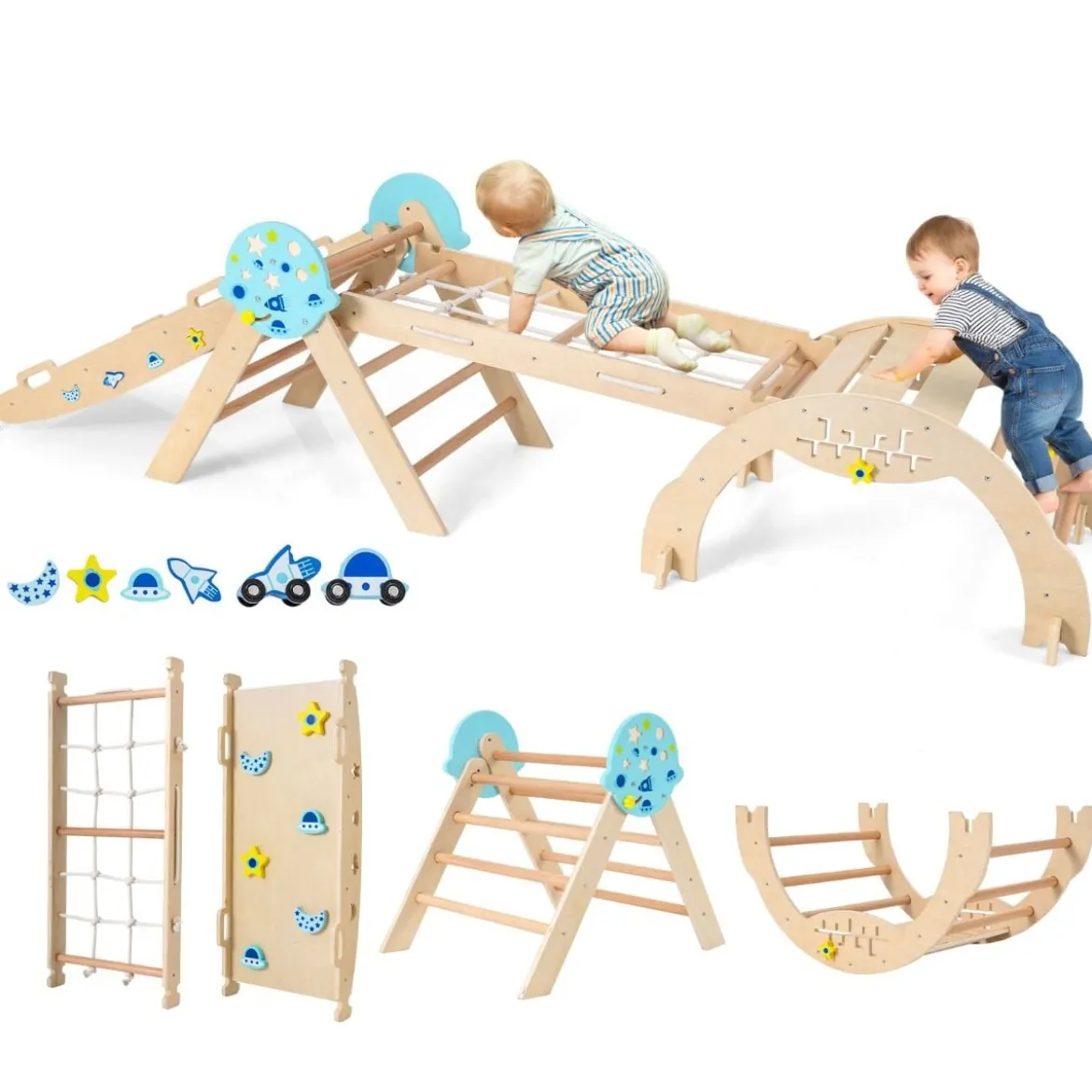 9 in 1 Montessori Klettergerüst Set mit Kletterbogen & Kletterseil & Leiter Holz Kletterdreieck Natur