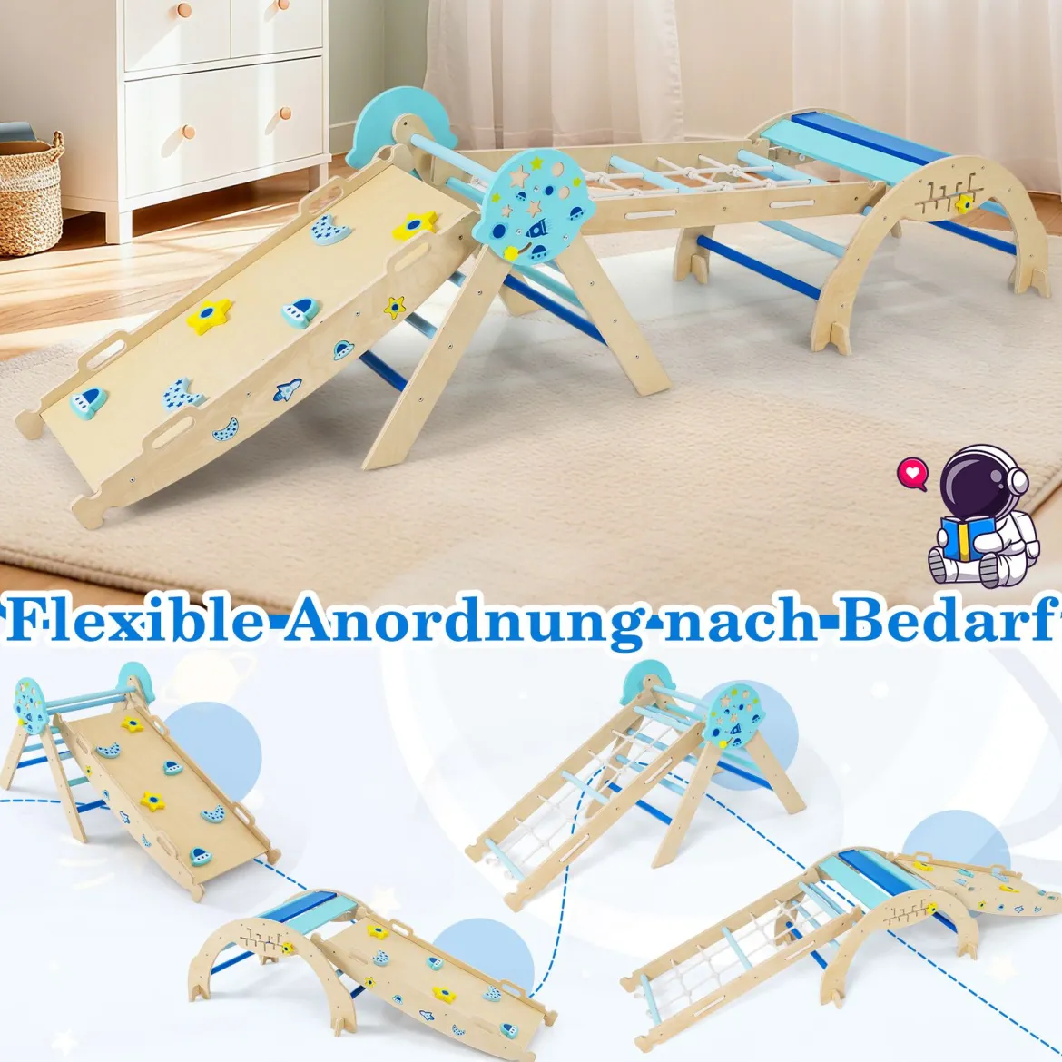 9 in 1 Montessori Klettergerüst Set mit Kletterbogen & Kletterseil & Leiter Holz Kletterdreieck Blau